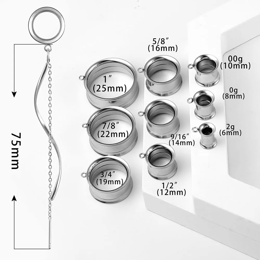 1 Pair Double Horn Chain gauges Earrings Dangle Plugs Tunnels Hypoallergenic Stainless Steel Ear Gauges 00G 8mm-25mm (0G-1") Body Piercing Jewelry