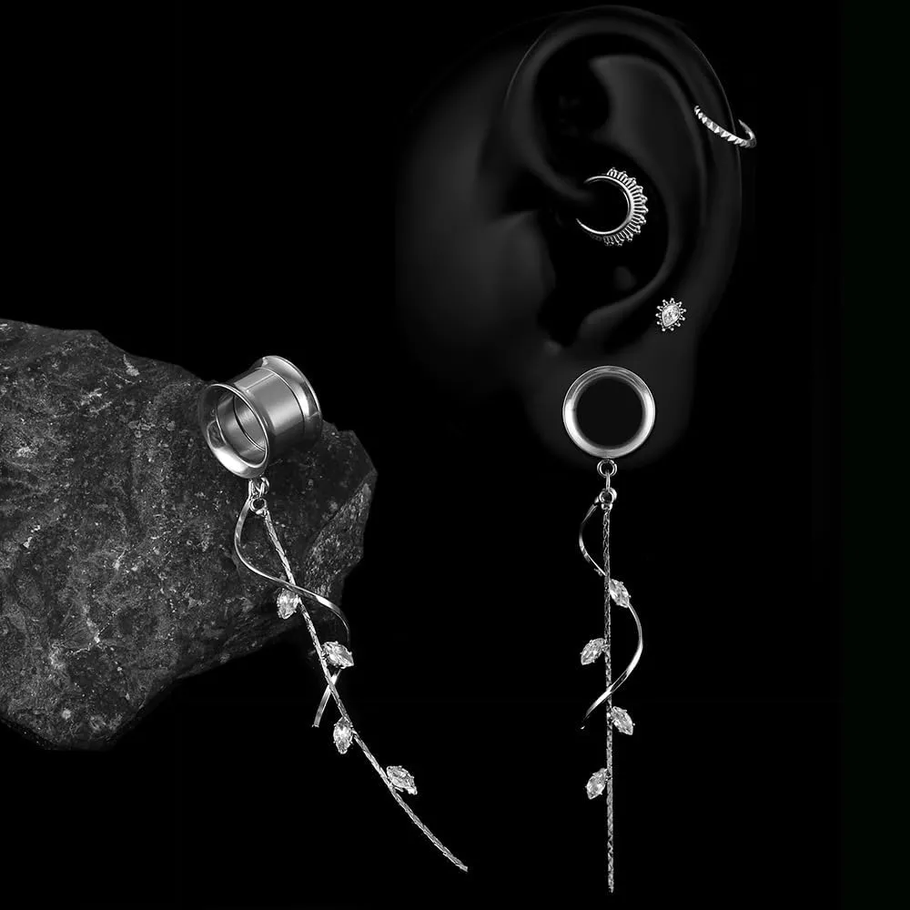 1 Pair Double Horn Chain gauges Earrings Dangle Plugs Tunnels Hypoallergenic Stainless Steel Ear Gauges 00G 8mm-25mm (0G-1") Body Piercing Jewelry