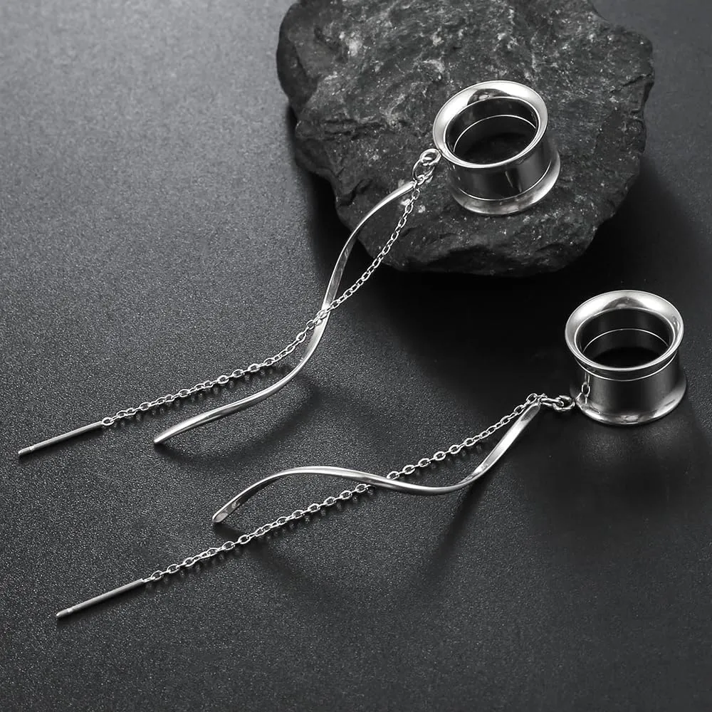 1 Pair Double Horn Chain gauges Earrings Dangle Plugs Tunnels Hypoallergenic Stainless Steel Ear Gauges 00G 8mm-25mm (0G-1") Body Piercing Jewelry