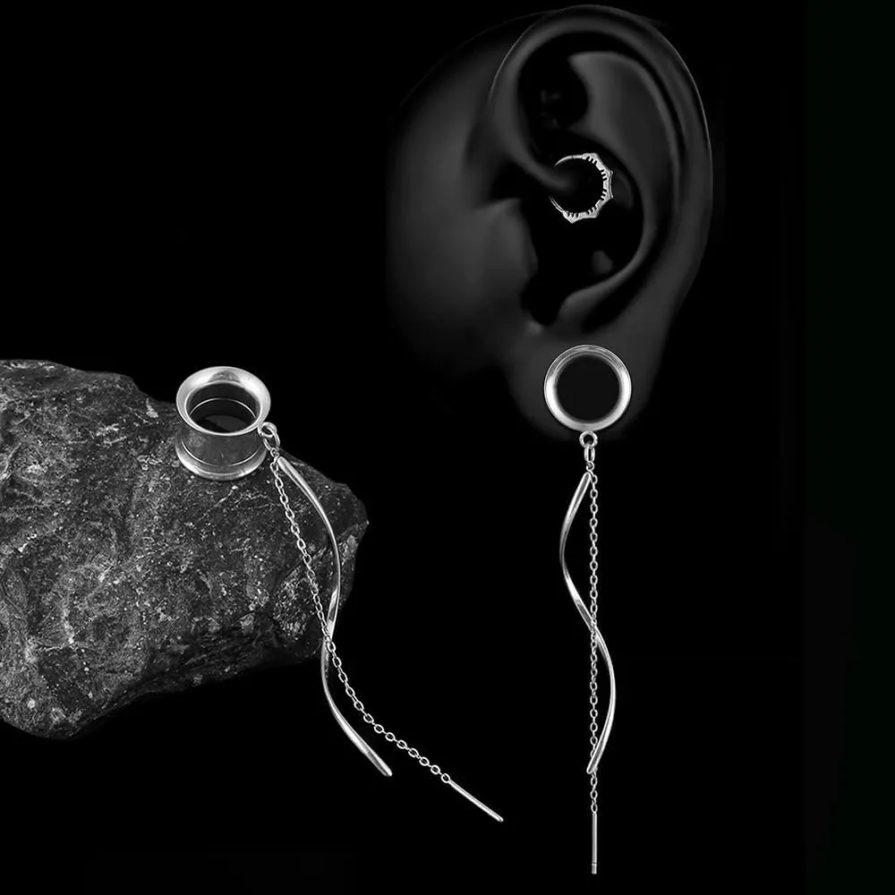 1 Pair Double Horn Chain gauges Earrings Dangle Plugs Tunnels Hypoallergenic Stainless Steel Ear Gauges 00G 8mm-25mm (0G-1") Body Piercing Jewelry