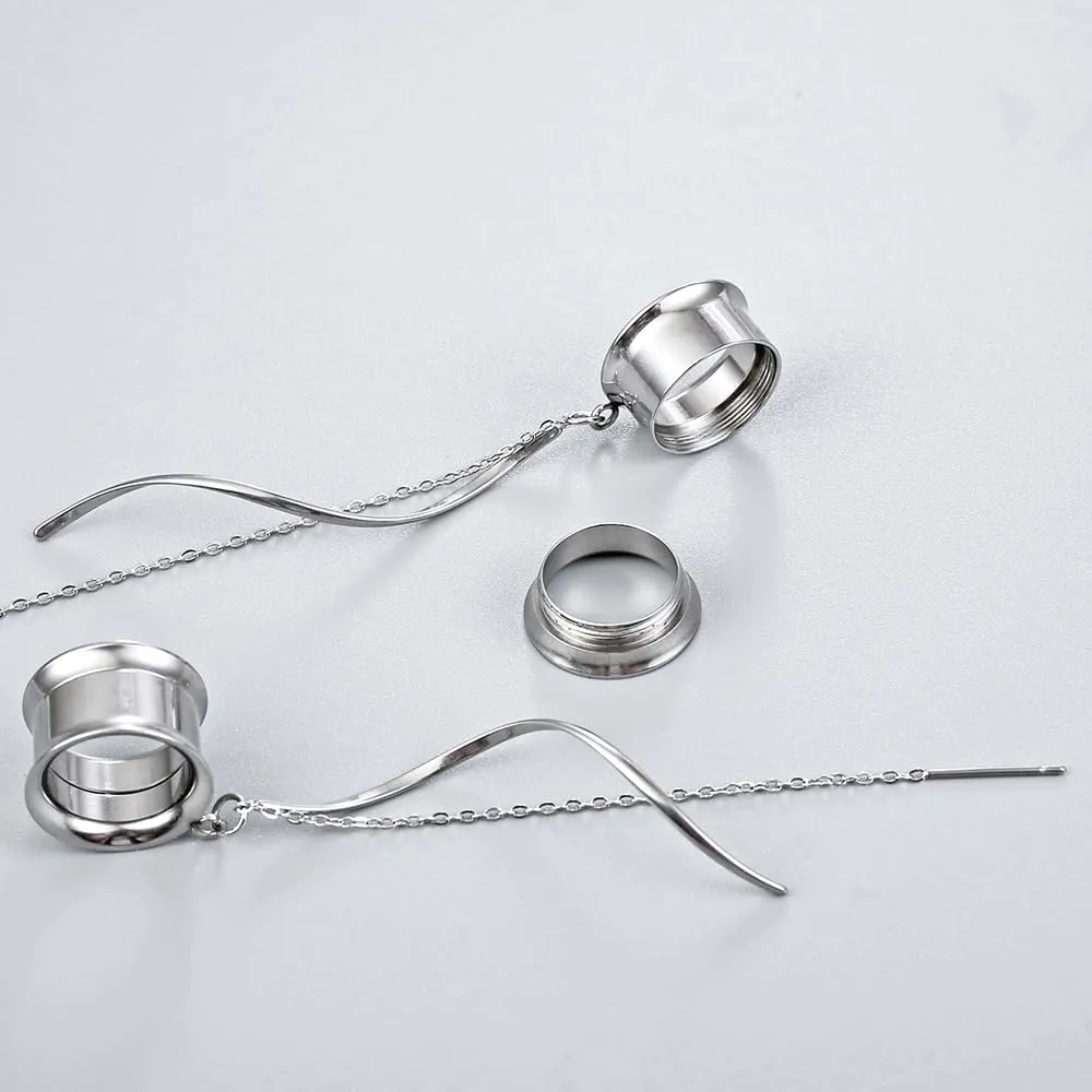 1 Pair Double Horn Chain gauges Earrings Dangle Plugs Tunnels Hypoallergenic Stainless Steel Ear Gauges 00G 8mm-25mm (0G-1") Body Piercing Jewelry