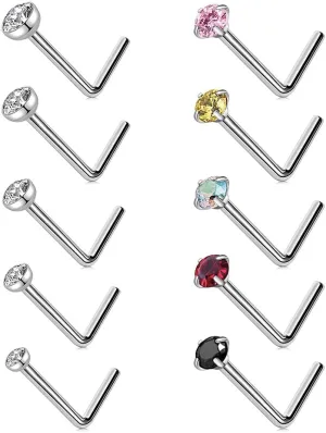 10Pcs Nose Rings Studs Surgical Steel L Shaped 20G CZ Nose Studs Piercing Jewelry for Women Men