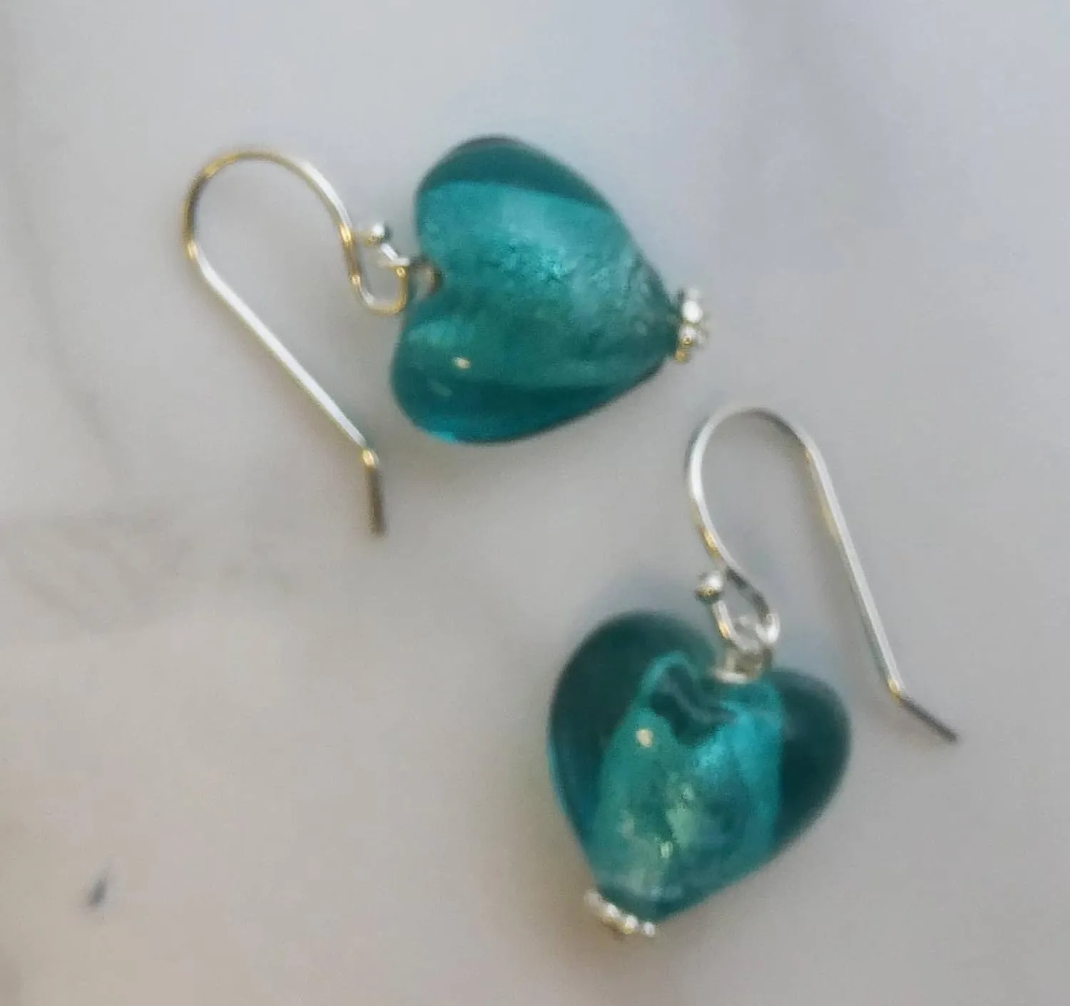 12mm Glass Heart Sterling Silver Drop Earrings - Birthday Gift Idea - Valentine's Day Gift - Handmade Jewellery Gift Ideas for Women and Girls (Blue Green)