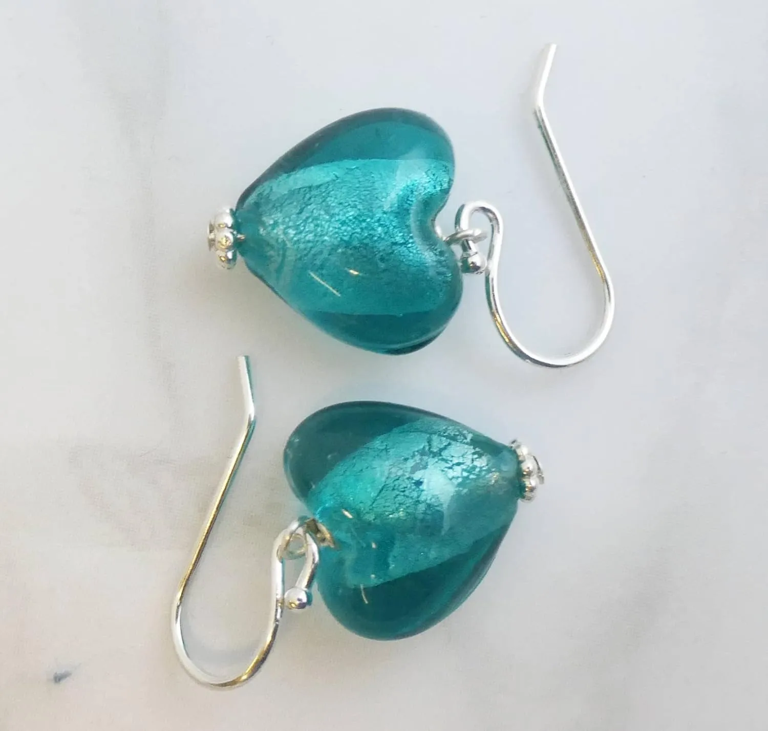 12mm Glass Heart Sterling Silver Drop Earrings - Birthday Gift Idea - Valentine's Day Gift - Handmade Jewellery Gift Ideas for Women and Girls (Blue Green)