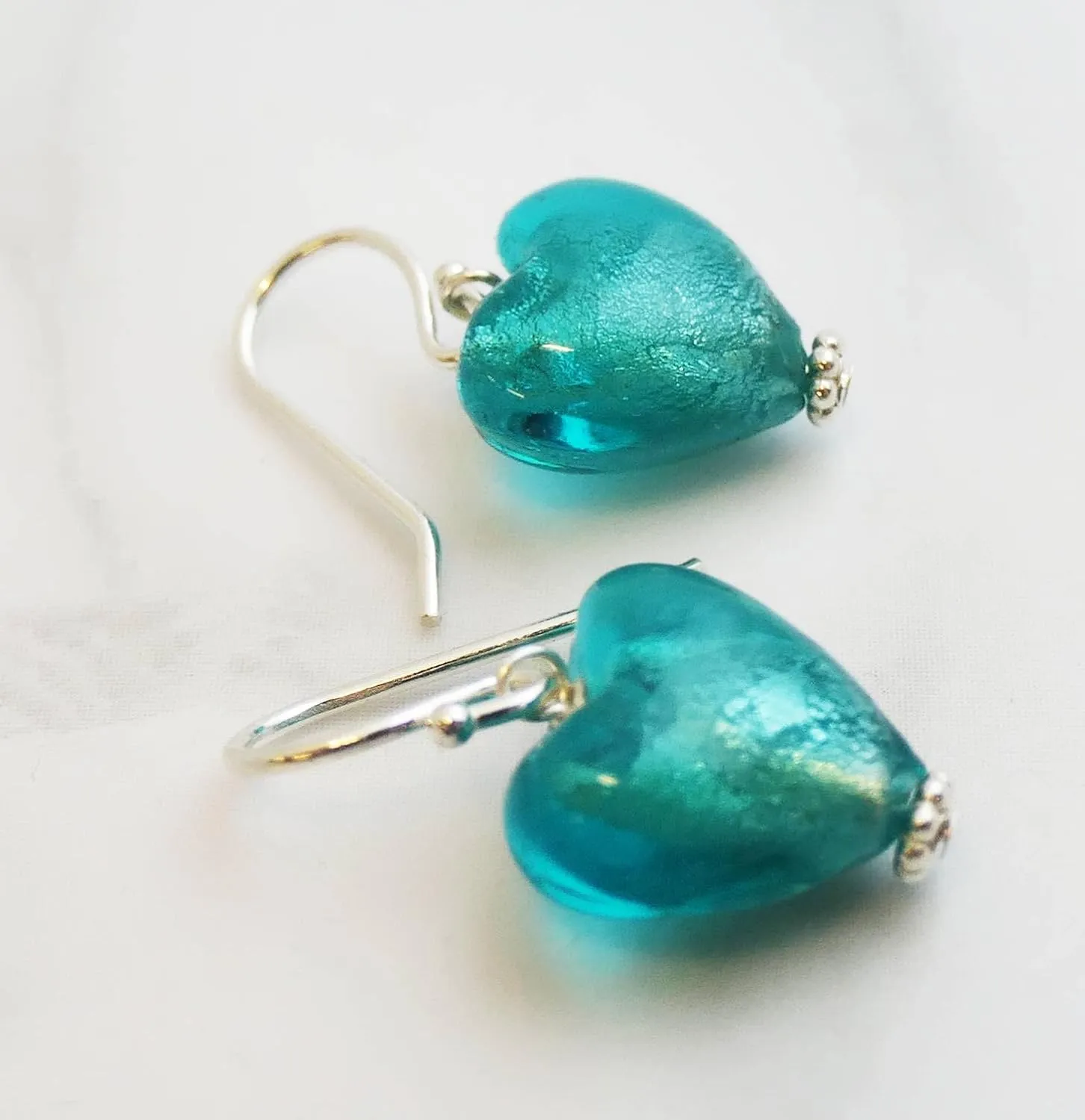 12mm Glass Heart Sterling Silver Drop Earrings - Birthday Gift Idea - Valentine's Day Gift - Handmade Jewellery Gift Ideas for Women and Girls (Blue Green)