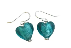 12mm Glass Heart Sterling Silver Drop Earrings - Birthday Gift Idea - Valentine's Day Gift - Handmade Jewellery Gift Ideas for Women and Girls (Blue Green)