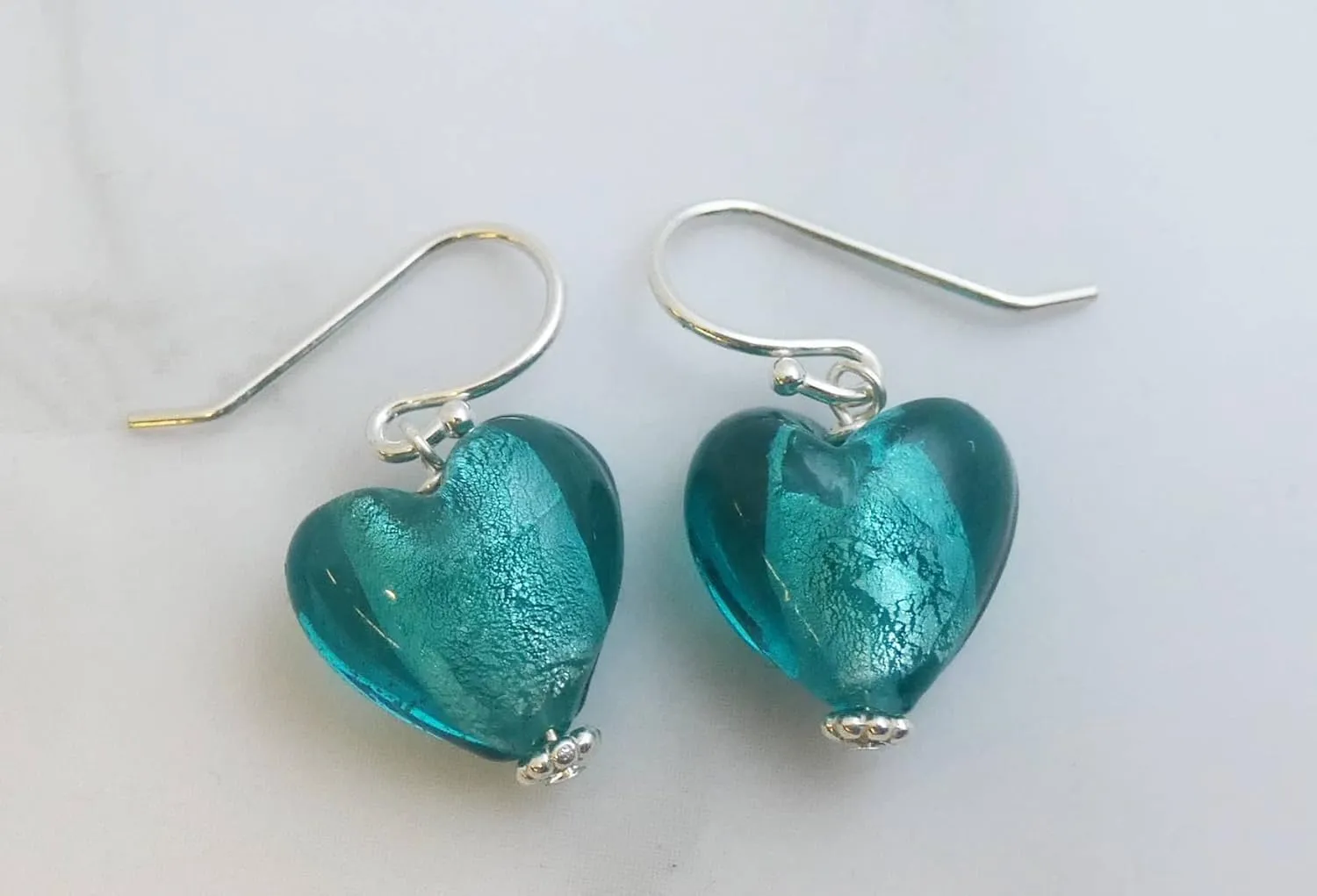 12mm Glass Heart Sterling Silver Drop Earrings - Birthday Gift Idea - Valentine's Day Gift - Handmade Jewellery Gift Ideas for Women and Girls (Blue Green)