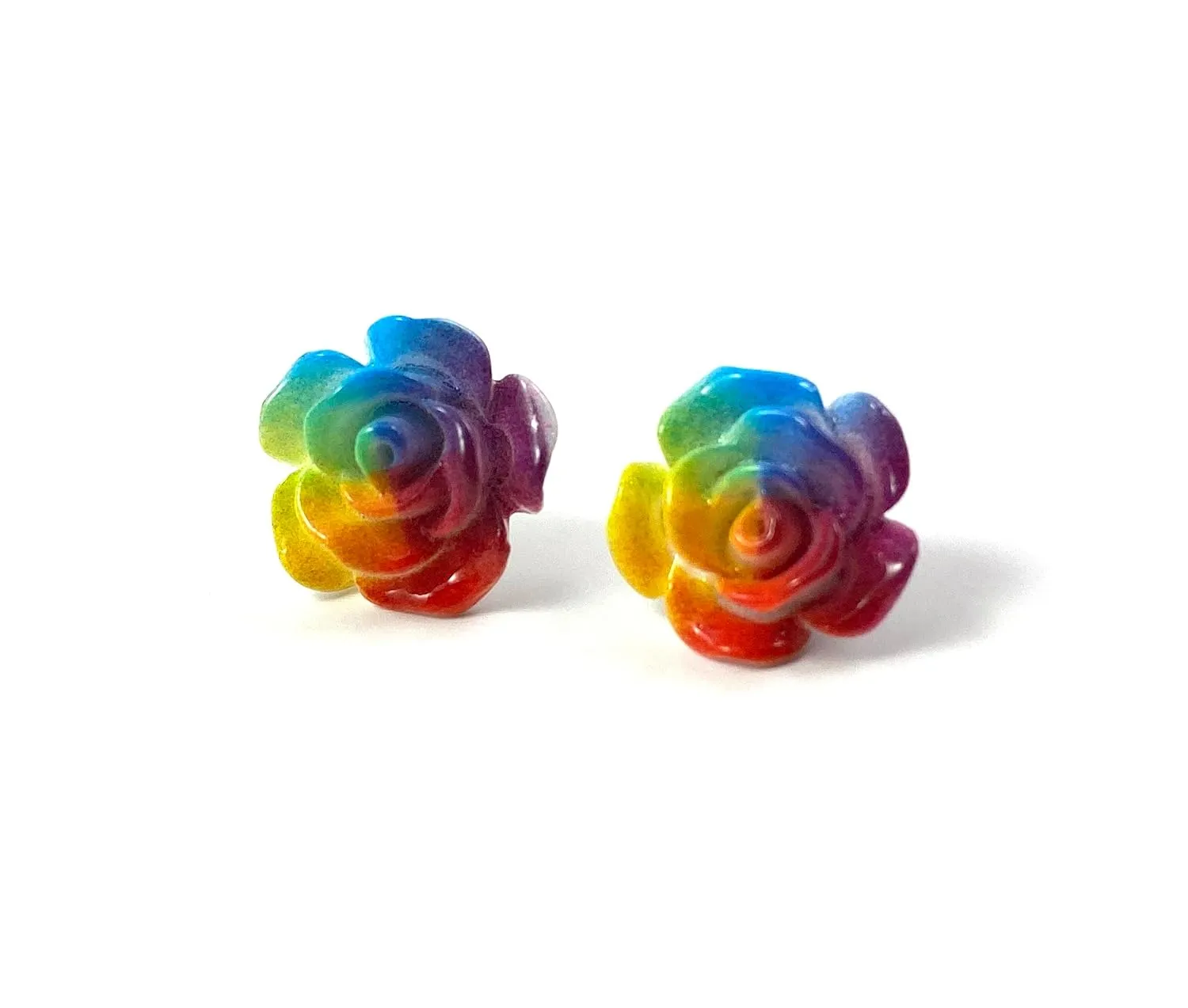 12mm Rainbow Rose Stud Earrings with Titanium or Stainless Steel Posts for Sensitive Ears Nickel Free, Hypoallergenic, Flower Child Jewelry