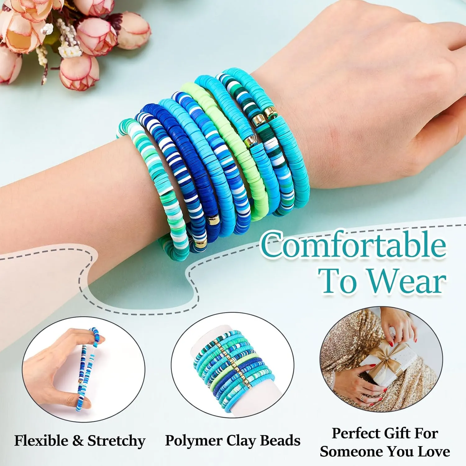 12Pcs Colorful Heishi Clay Bead Bracelet Friendship Beaded Bracelets Polymer Clay Heishi Surfer Stretch Bracelets Set for Women Man Birthday Party Favor - Blue