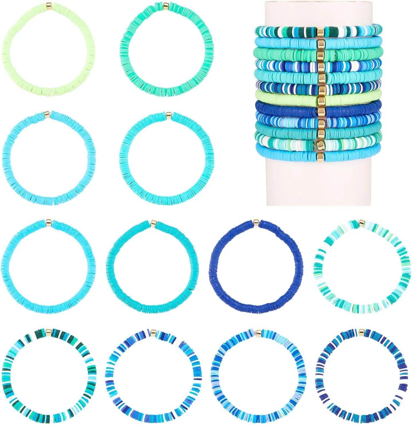 12Pcs Colorful Heishi Clay Bead Bracelet Friendship Beaded Bracelets Polymer Clay Heishi Surfer Stretch Bracelets Set for Women Man Birthday Party Favor - Blue