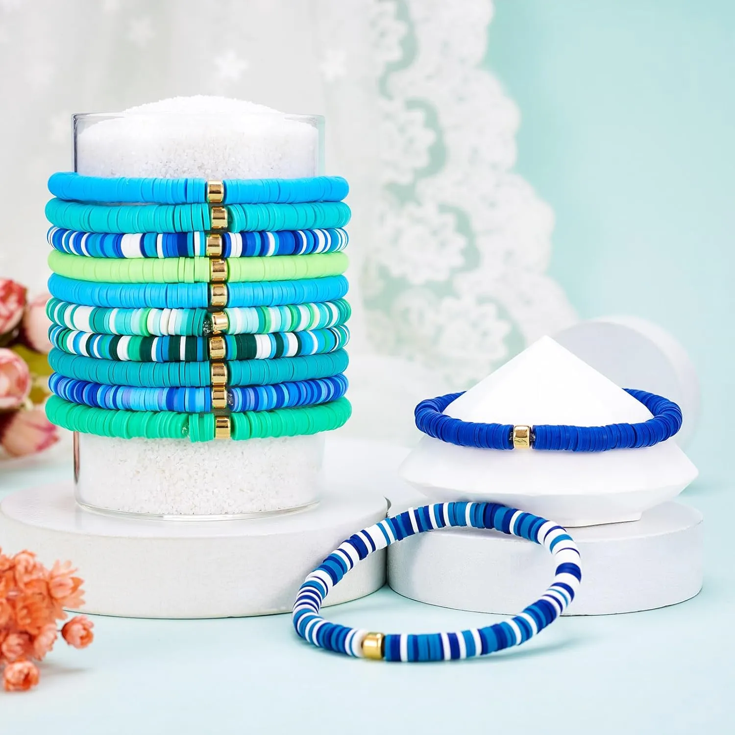 12Pcs Colorful Heishi Clay Bead Bracelet Friendship Beaded Bracelets Polymer Clay Heishi Surfer Stretch Bracelets Set for Women Man Birthday Party Favor - Blue