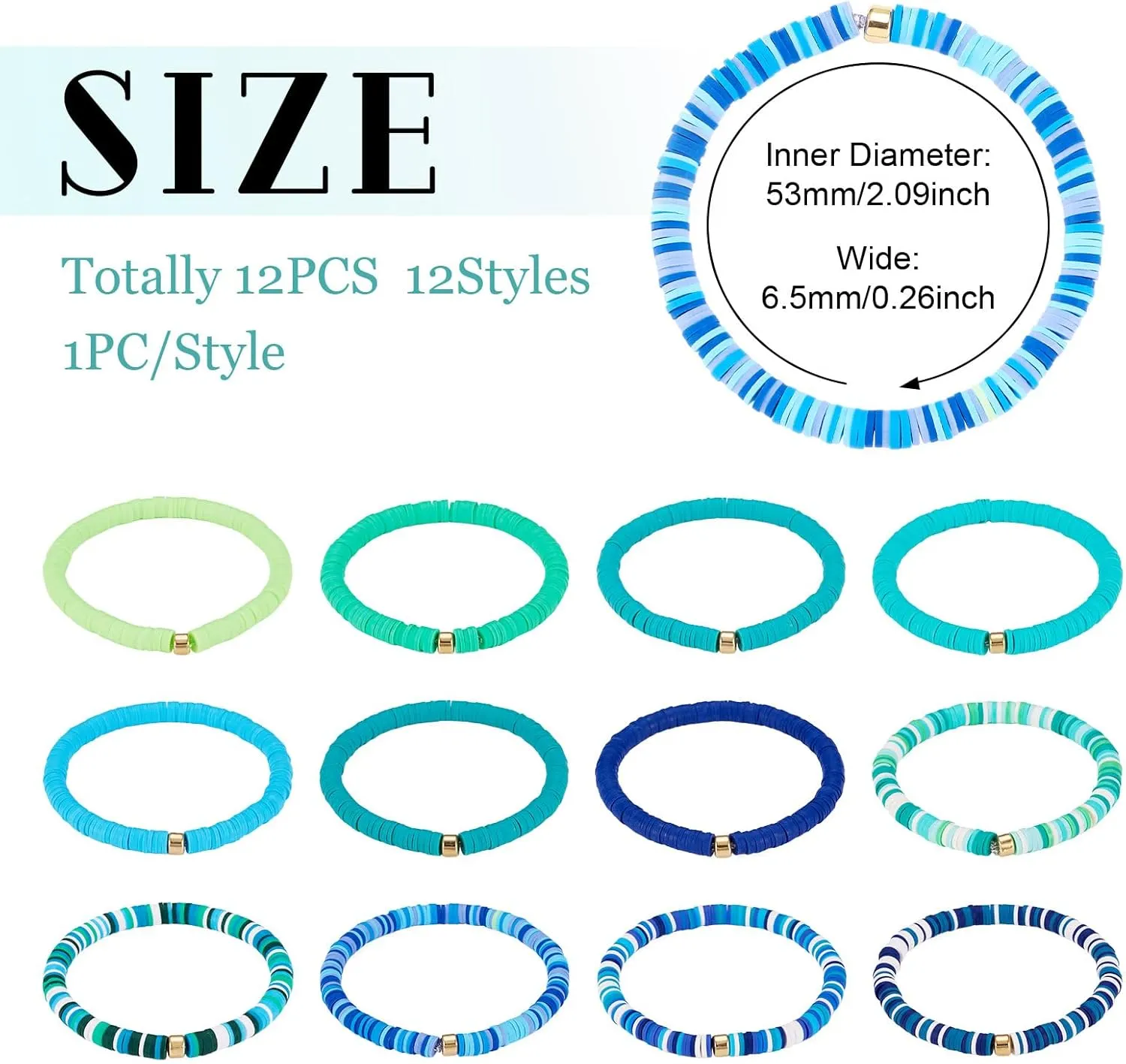 12Pcs Colorful Heishi Clay Bead Bracelet Friendship Beaded Bracelets Polymer Clay Heishi Surfer Stretch Bracelets Set for Women Man Birthday Party Favor - Blue