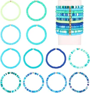 12Pcs Colorful Heishi Clay Bead Bracelet Friendship Beaded Bracelets Polymer Clay Heishi Surfer Stretch Bracelets Set for Women Man Birthday Party Favor - Blue