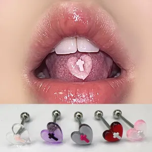 14G Acrylic Heart Cross Tongue Rings for Women 316L Stainless Steel Straight Barbell Tongue Ring Tongue Piercing Jewelry 5/8" Length