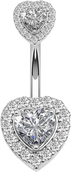 14G Belly Ring for Women, Short Bar Belly Button Rings Navel Rings Surgical Steel Elegant Double Heart Cubic Zirconia Belly Button Piercing Jewelry