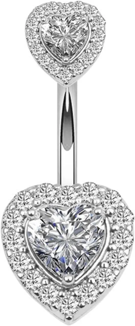 14G Belly Ring for Women, Short Bar Belly Button Rings Navel Rings Surgical Steel Elegant Double Heart Cubic Zirconia Belly Button Piercing Jewelry