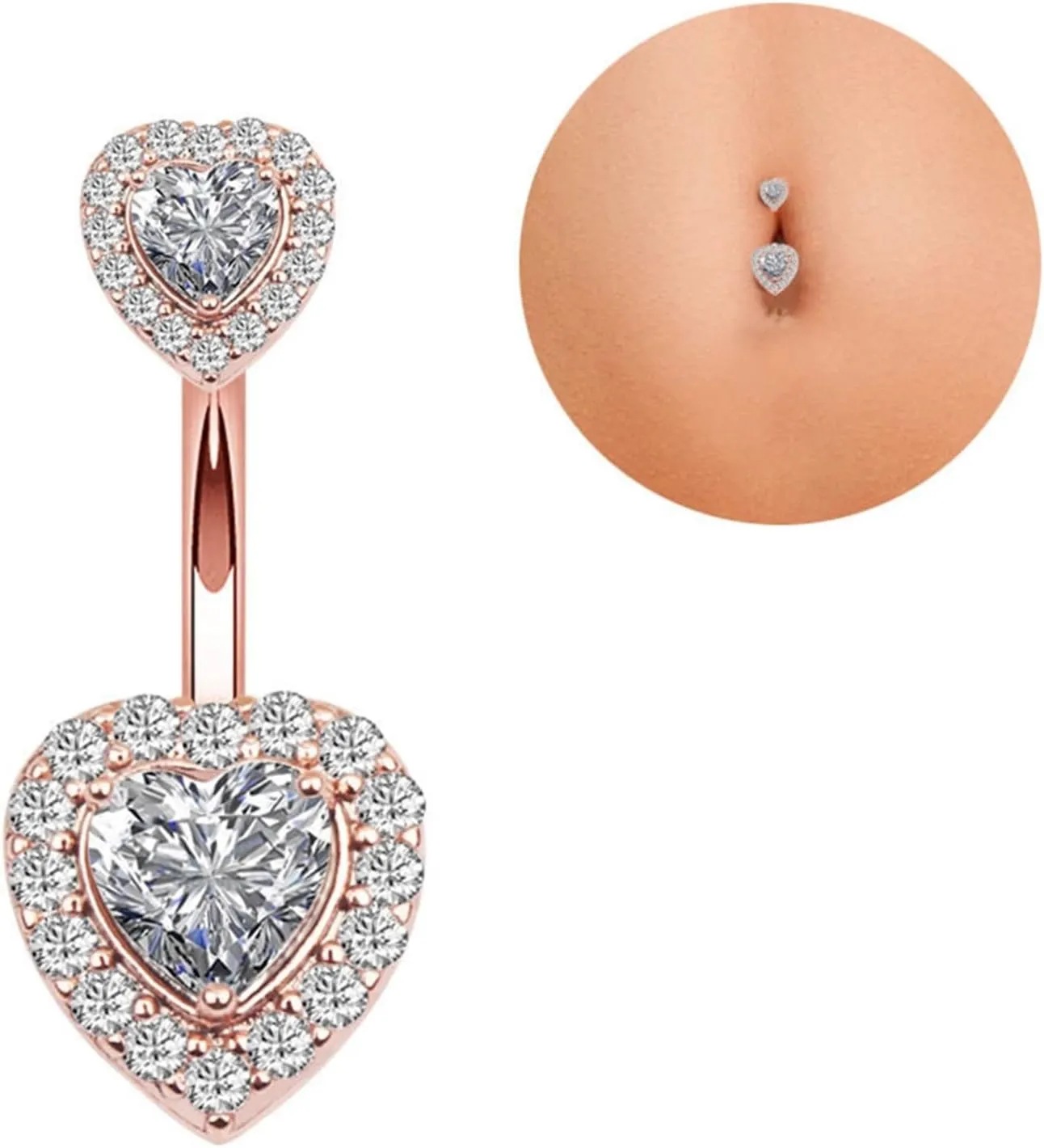 14G Belly Ring for Women, Short Bar Belly Button Rings Navel Rings Surgical Steel Elegant Double Heart Cubic Zirconia Belly Button Piercing Jewelry