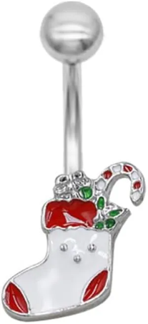 14G Christmas Stocking Belly Button Ring for Women 316L Surgical Steel Cute Sock Belly Navel Rings Belly Piercing Barbell Christmas Themed Body Piercing Jewelry