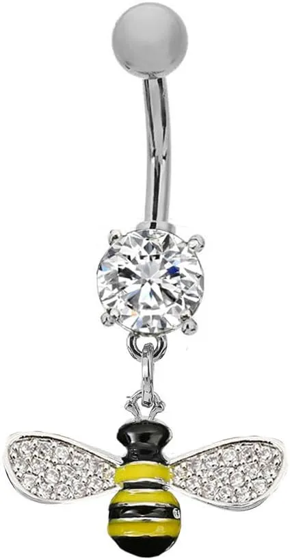 14G Cute Bee Crystal Dangle Navel Ring for Women Stainless Steel Cubic Zirconia Statement Black Yellow Enamel Insect Charm Belly Button Rings Curved Barbell Studs Body Piercing Jewelry Fashion Gifts