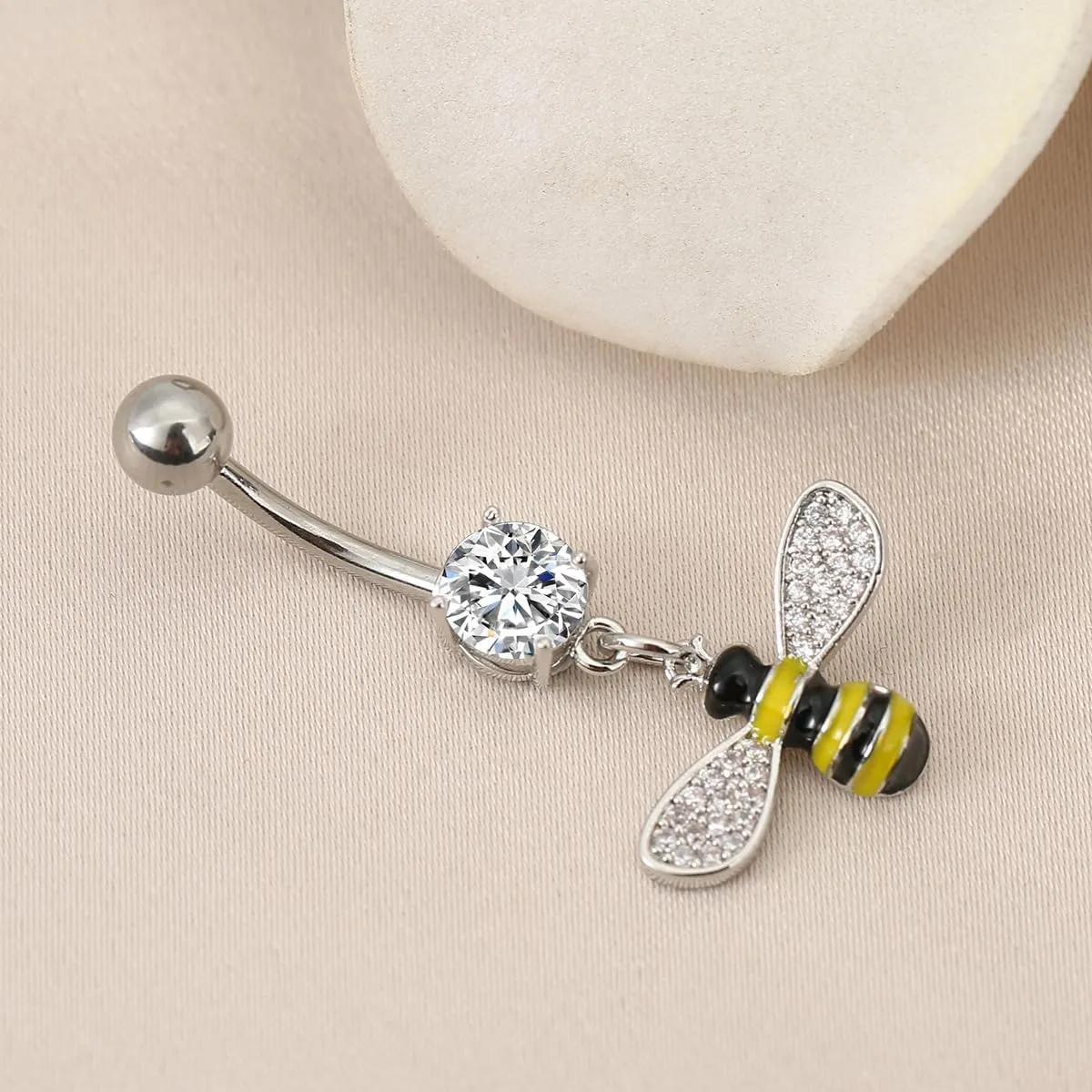 14G Cute Bee Crystal Dangle Navel Ring for Women Stainless Steel Cubic Zirconia Statement Black Yellow Enamel Insect Charm Belly Button Rings Curved Barbell Studs Body Piercing Jewelry Fashion Gifts