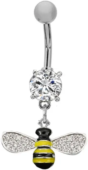14G Cute Bee Crystal Dangle Navel Ring for Women Stainless Steel Cubic Zirconia Statement Black Yellow Enamel Insect Charm Belly Button Rings Curved Barbell Studs Body Piercing Jewelry Fashion Gifts