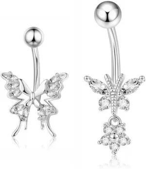14G CZ Butterfly Belly Button Rings for Women Stainless Steel Cubic Zirconia Dangle Belly Navel Ring 3/8" 10mm Navel Piercing Barbell Dainty Body Jewelry 2-Pack