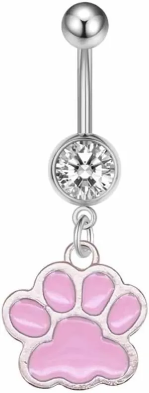 14G Paw Dangle Belly Button Ring for Women Cute Paw Print Belly Navel Barbell Rings Stainless Steel Belly Body Piercing Jewelry Hypoallergenic