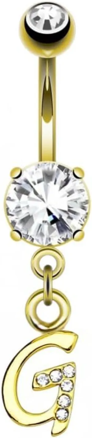 14G Sparkly Clear Gem-Paved Initial Dangle Belly Ring