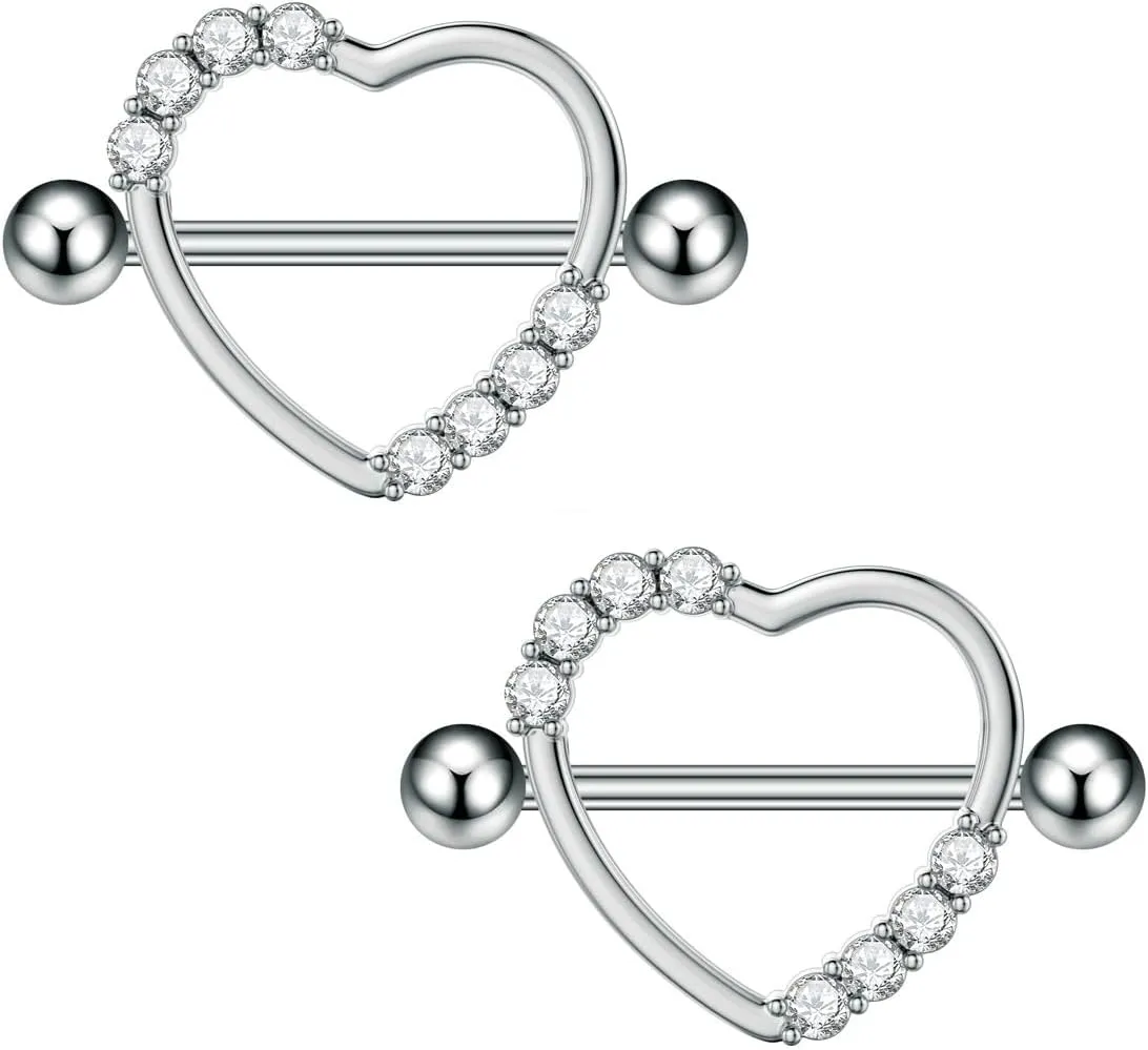 14G Stainless Steel Heart Nipple Rings for Women Silver Cubic Zirconia Love Heart Nipplerings Nipple Barbell Shield Studs Nipple Piercing Jewelry