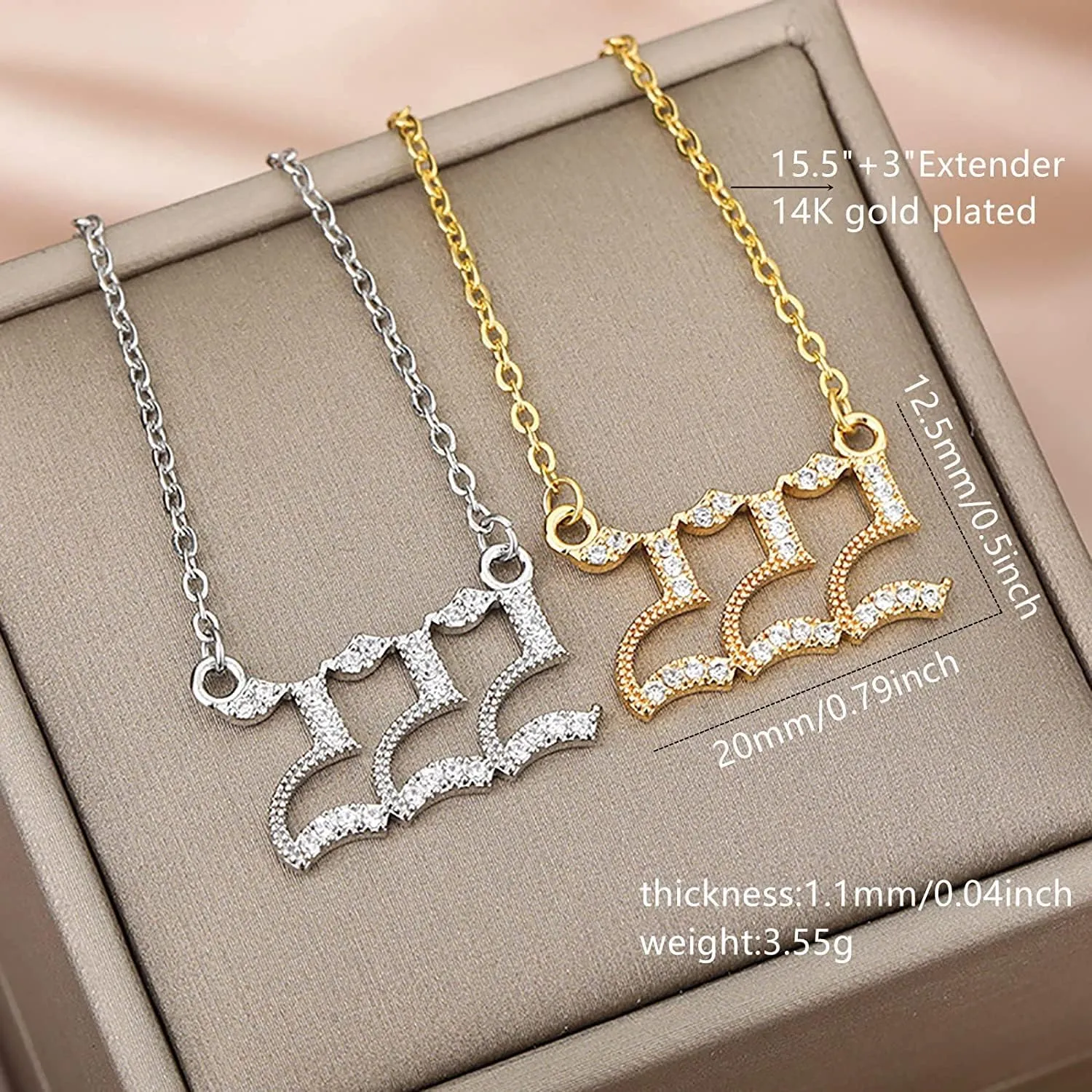 14k Gold Angel Number Necklace, Dainty Pendants Necklace for Women, 111 222 333 444 555 666 777 888 999 Personalized Number Chain