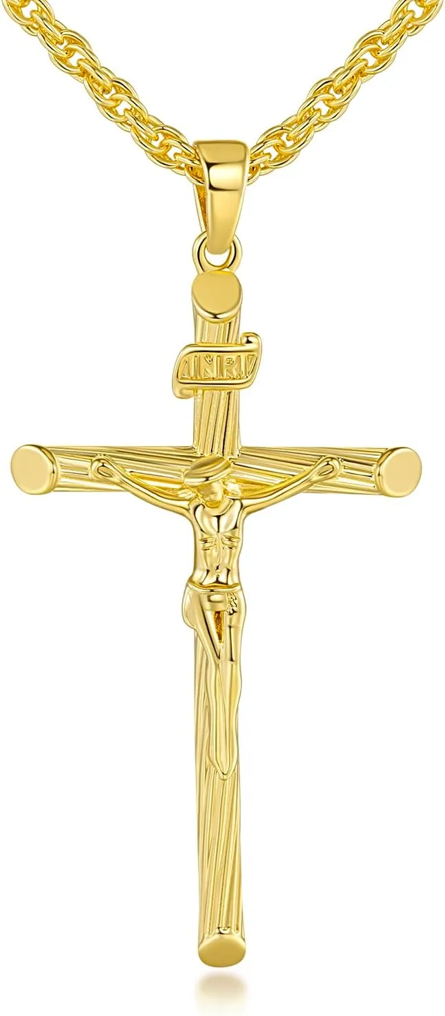 14K Gold Cross Necklace for Women for Men Jesus On Cross Crucifix Necklace Men & Women Faith Jewelry Presents 54.5mm 20/22/24in
