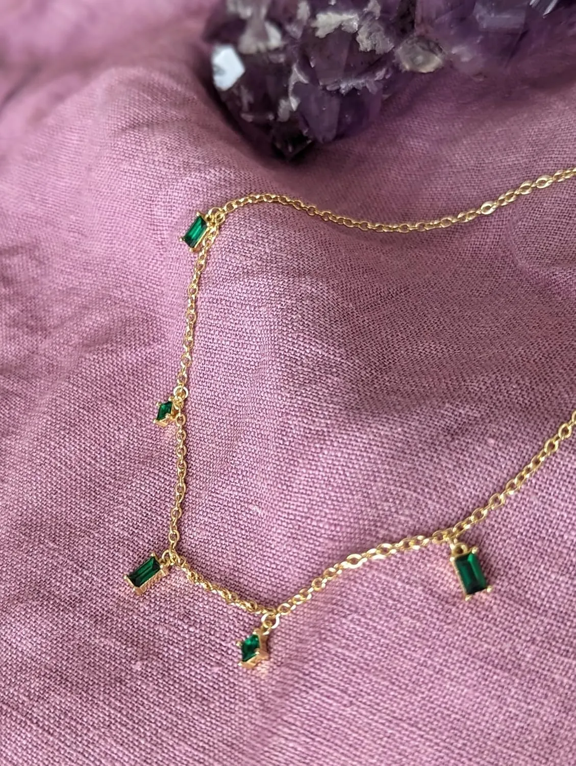 14k Gold Dainty Emerald Green Dangle Choker Necklace for Women, Non-Tarnish Emerald Pendant Station Birthstones, 14-16 inches