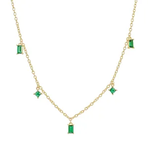 14k Gold Dainty Emerald Green Dangle Choker Necklace for Women, Non-Tarnish Emerald Pendant Station Birthstones, 14-16 inches