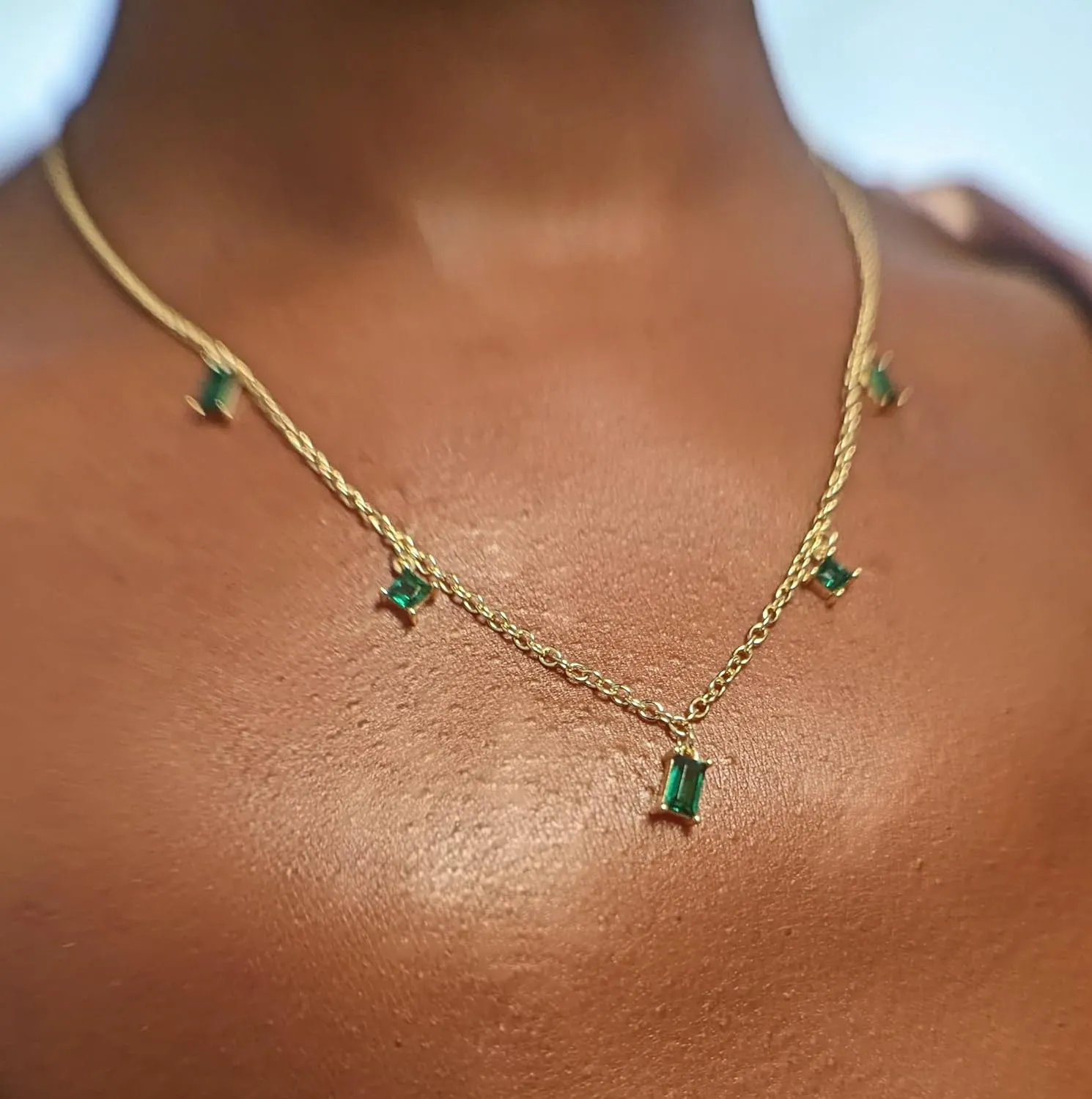 14k Gold Dainty Emerald Green Dangle Choker Necklace for Women, Non-Tarnish Emerald Pendant Station Birthstones, 14-16 inches
