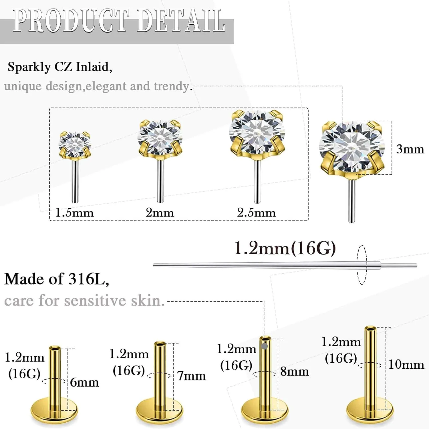 14K Gold Filled Threadless Nose Rings Studs Flat Back Earrings 20G 18G 16G 316L Surgical Stainless Steel Nose Rings Studs Tragus Helix Conch Cartilage Earrings Piercing Jewelry For Women Men