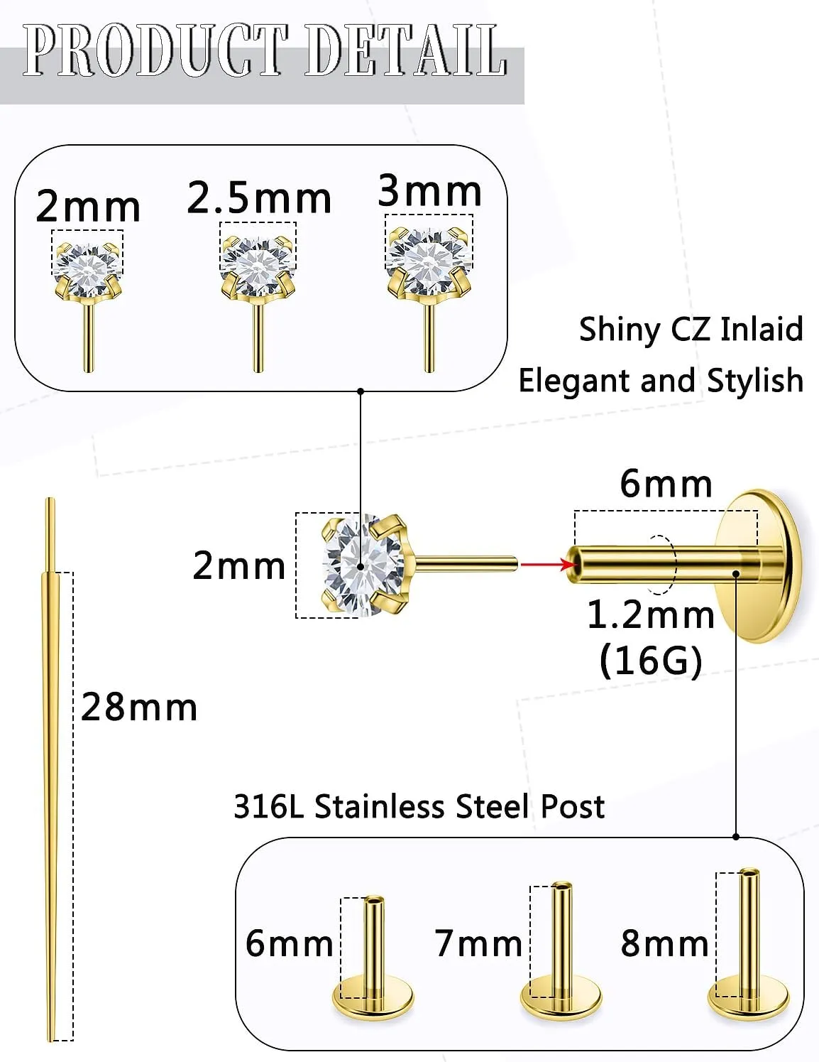 14K Gold Filled Threadless Nose Rings Studs Flat Back Earrings 20G 18G 16G 316L Surgical Steel Nose Rings Studs Tragus Helix Conch Cartilage Earrings Hoop Piercing Jewelry For Women Men