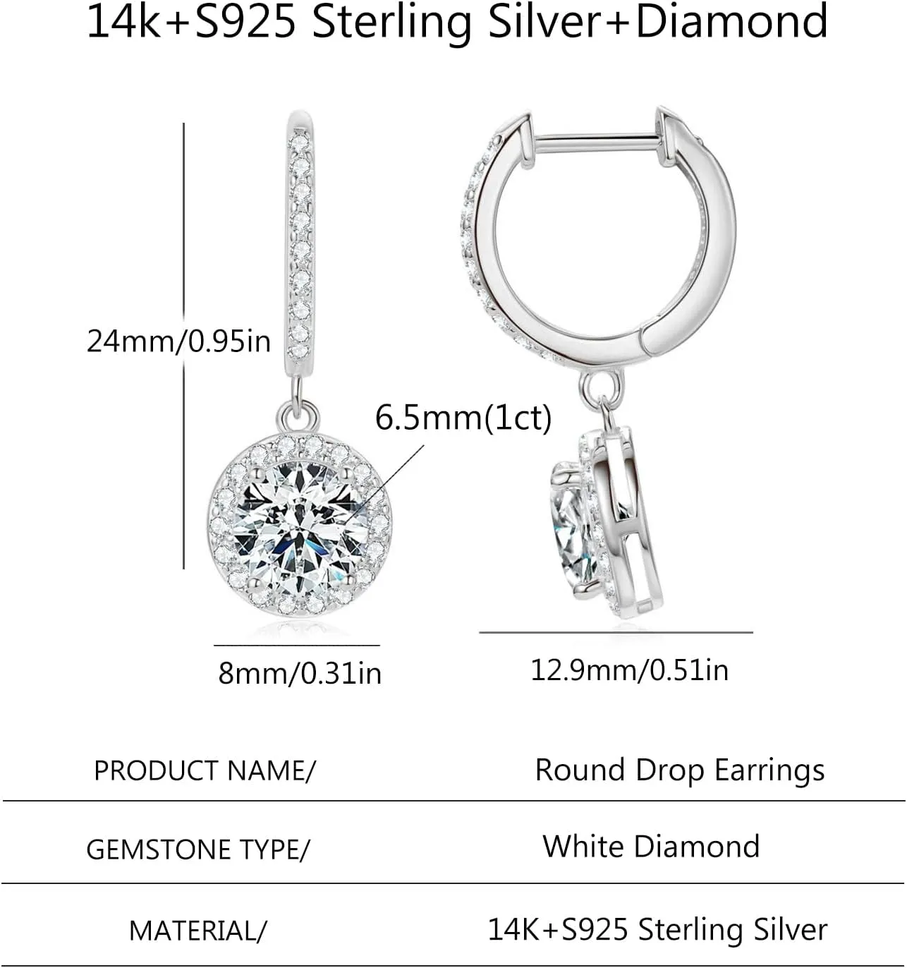 14K Gold Over S925 Sterling Silver Round Drop Earrings for Women with 1ct D-color VVS1 Clarity Diamond Hoop Earrings