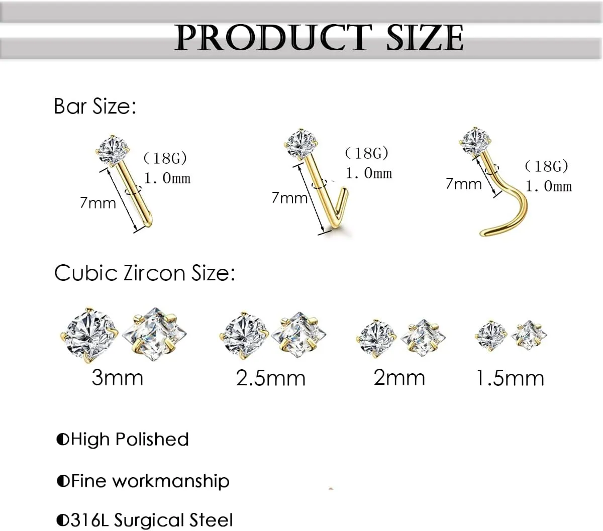 14k Gold Plated 316L Surgical Steel 22g/20g/18g Nose Rings Studs L-Shape Bone Screw Nostril Piercing 1.5mm 2mm 2.5mm 3mm 3.5mm 4.5mm CZ Nose Studs for Women