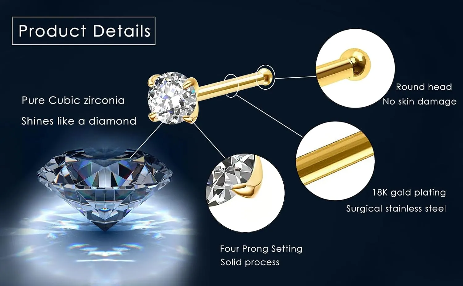 14k Gold Plated 316L Surgical Steel 22g/20g/18g Nose Rings Studs L-Shape Bone Screw Nostril Piercing 1.5mm 2mm 2.5mm 3mm 3.5mm 4.5mm CZ Nose Studs for Women