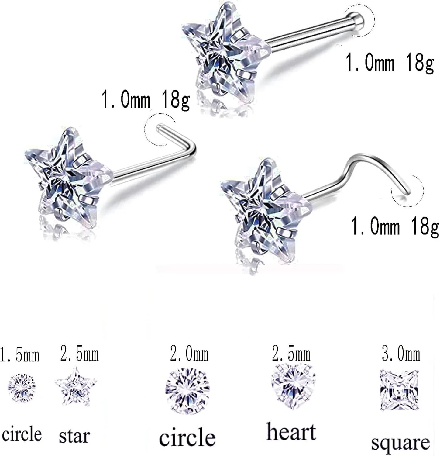 14k Gold Plated 316L Surgical Steel 22g/20g/18g Nose Rings Studs L-Shape Bone Screw Nostril Piercing 1.5mm 2mm 2.5mm 3mm 3.5mm 4.5mm CZ Nose Studs for Women