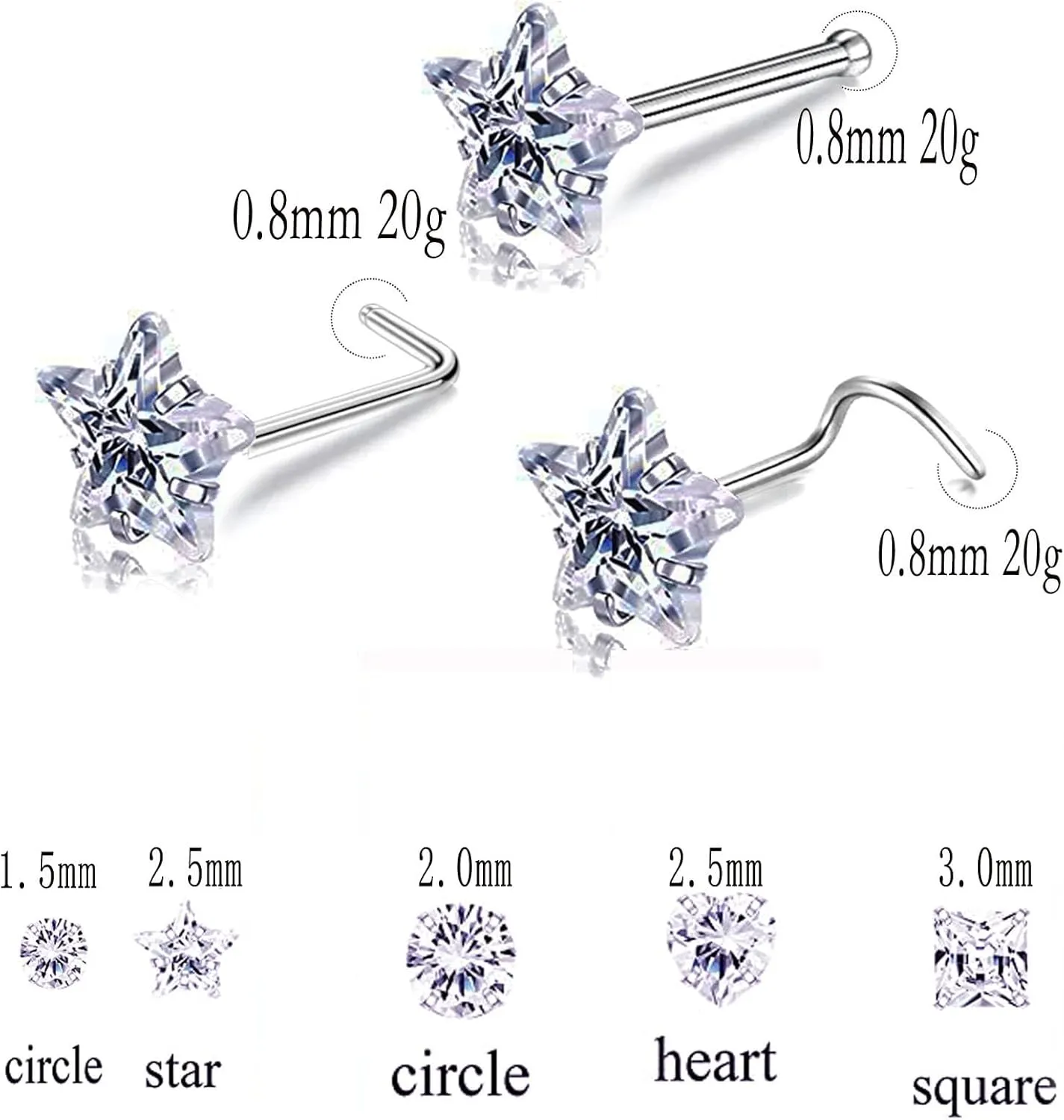 14k Gold Plated 316L Surgical Steel 22g/20g/18g Nose Rings Studs L-Shape Bone Screw Nostril Piercing 1.5mm 2mm 2.5mm 3mm 3.5mm 4.5mm CZ Nose Studs for Women