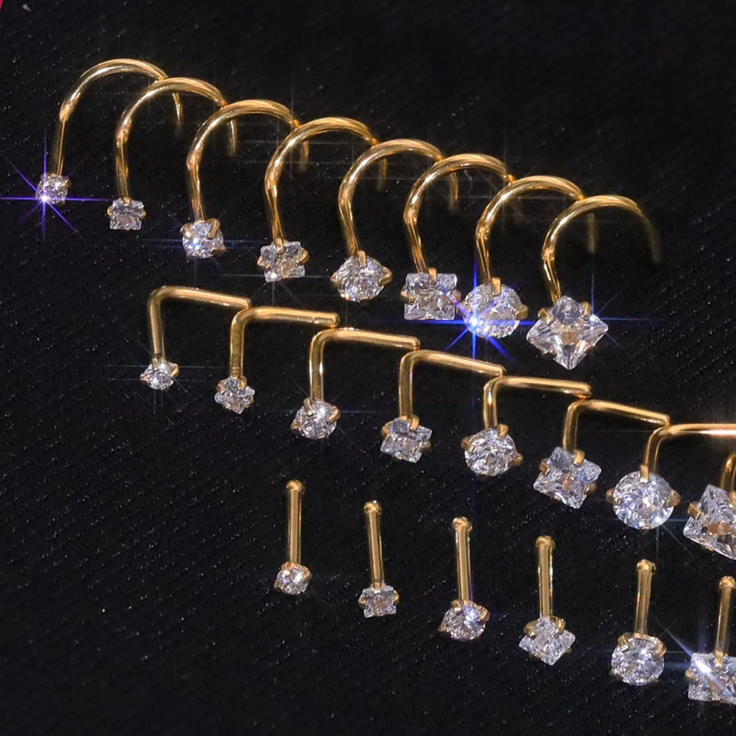 14k Gold Plated 316L Surgical Steel 22g/20g/18g Nose Rings Studs L-Shape Bone Screw Nostril Piercing 1.5mm 2mm 2.5mm 3mm 3.5mm 4.5mm CZ Nose Studs for Women