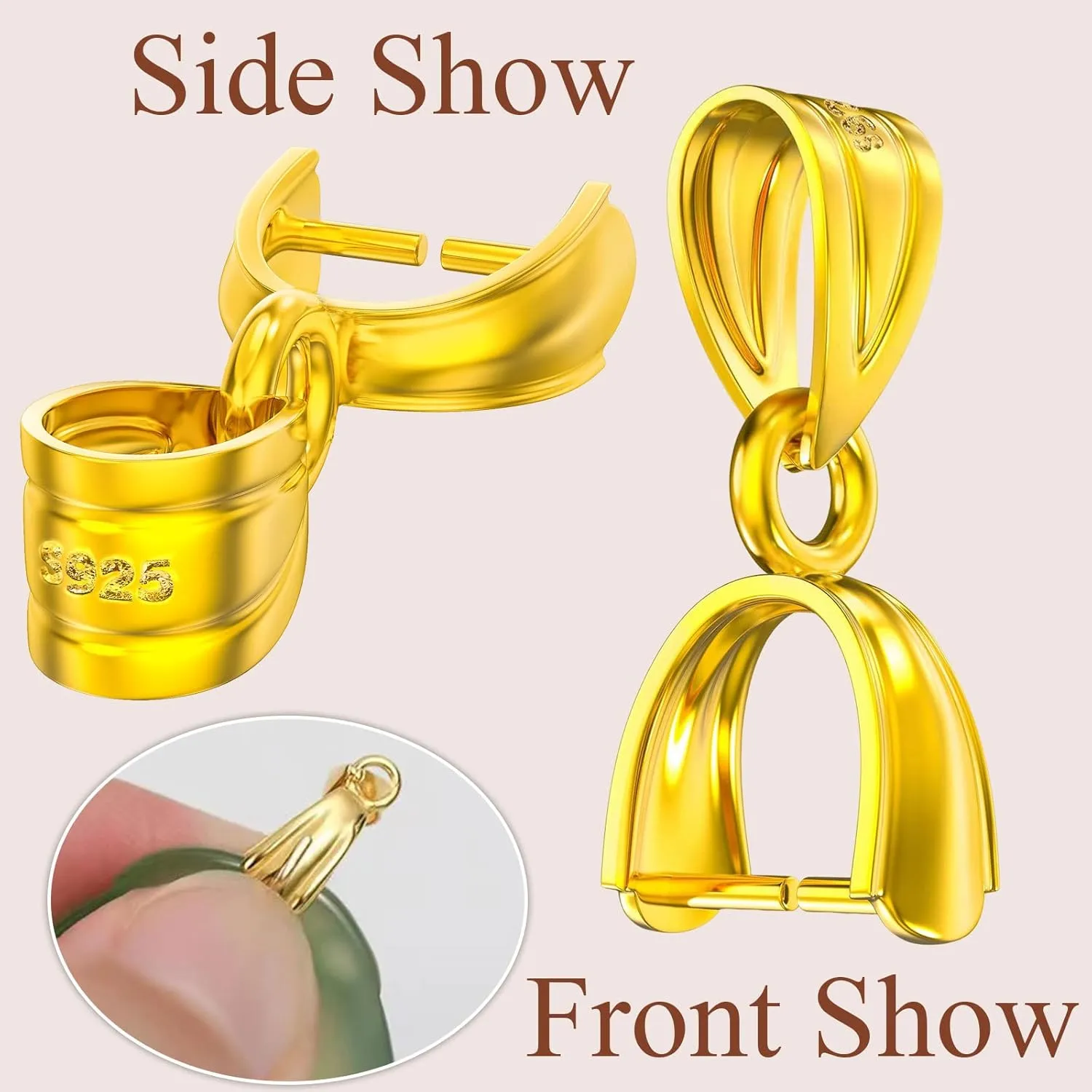 14K Gold Plated 925 Sterling Silver Pinch Bails for Pendants Clasp Connectors Bails for Jewelry Necklace Clip Pendant Clasps(Made in Italy)