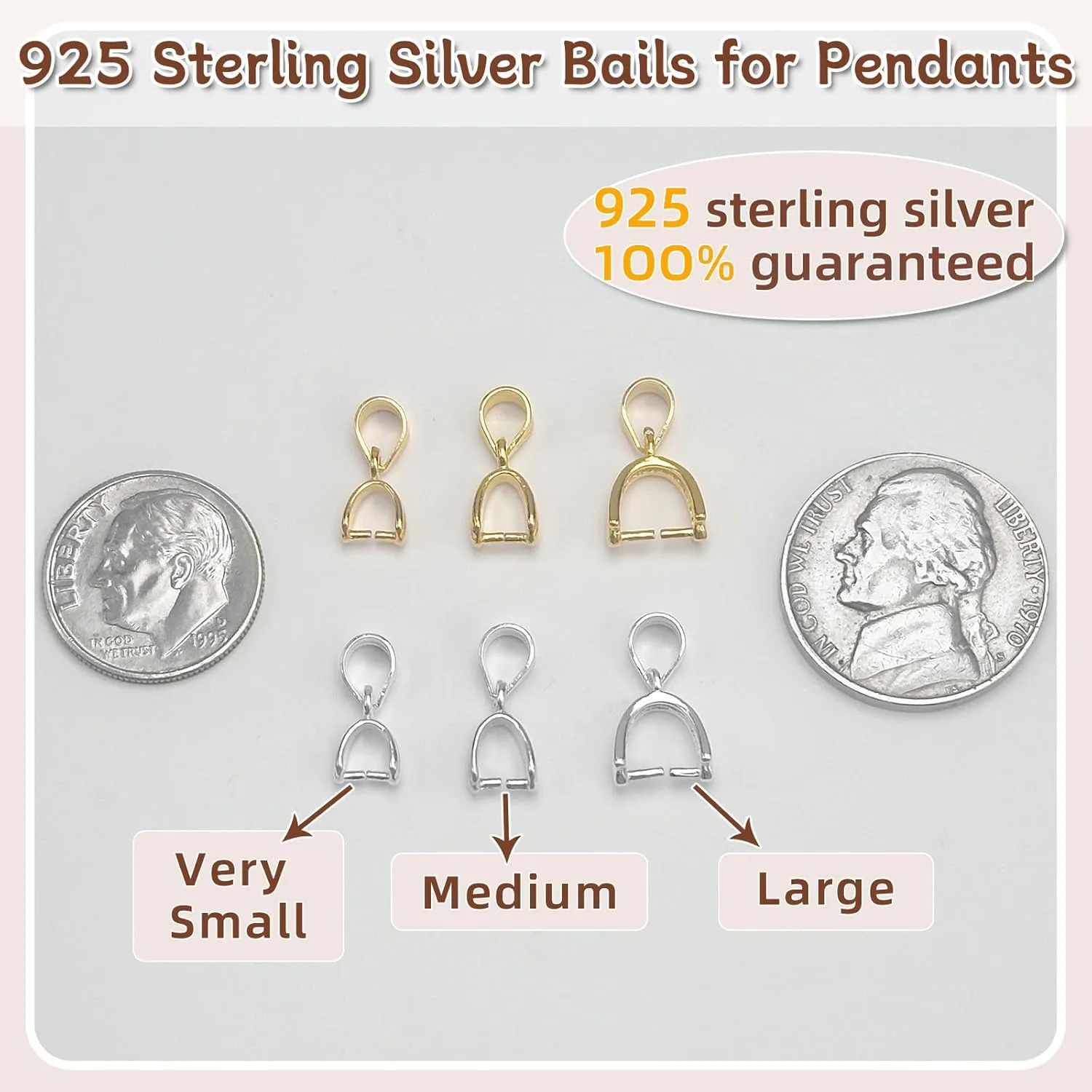14K Gold Plated 925 Sterling Silver Pinch Bails for Pendants Clasp Connectors Bails for Jewelry Necklace Clip Pendant Clasps(Made in Italy)