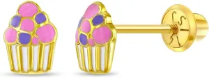 14k Yellow Gold Colorful Enamel Cupcake Screw Back Earrings for Toddlers & Young Girls - Multicolor Fun & Fashionable Screw Backs for Children & Kids