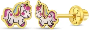 14k Yellow Gold Unicorn Screw Back Earrings for Young Girls & Preteen - Small Magical Multicolor Unicorn Stud Earrings for Little girls - Fun & Fashionable Unicorn Earrings for Kids