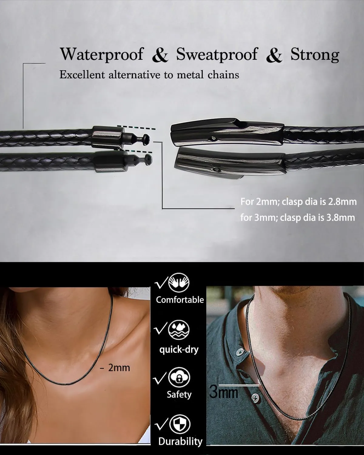 14" to 50" 2MM/3MM Waterproof Braided Leather Chain Cord Necklace for Men/Women, Brown/Black Rope Chain for pendant (Gift Box)