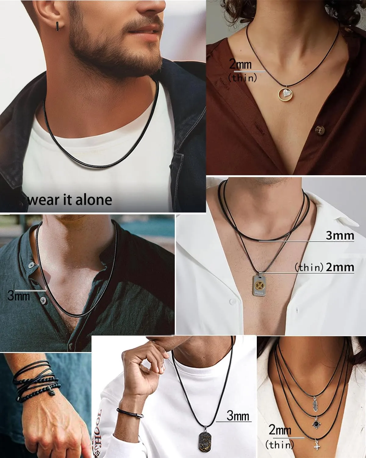 14" to 50" 2MM/3MM Waterproof Braided Leather Chain Cord Necklace for Men/Women, Brown/Black Rope Chain for pendant (Gift Box)