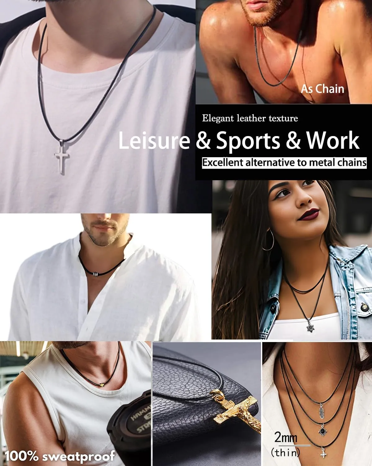 14" to 50" 2MM/3MM Waterproof Braided Leather Chain Cord Necklace for Men/Women, Brown/Black Rope Chain for pendant (Gift Box)