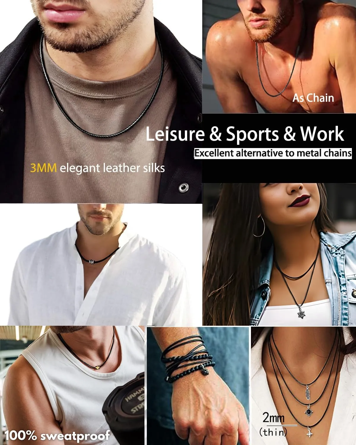 14" to 50" 2MM/3MM Waterproof Braided Leather Chain Cord Necklace for Men/Women, Brown/Black Rope Chain for pendant (Gift Box)